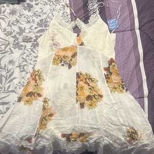 Free People Floral Lace Trim Chemise Slip - White with Yellow Floral